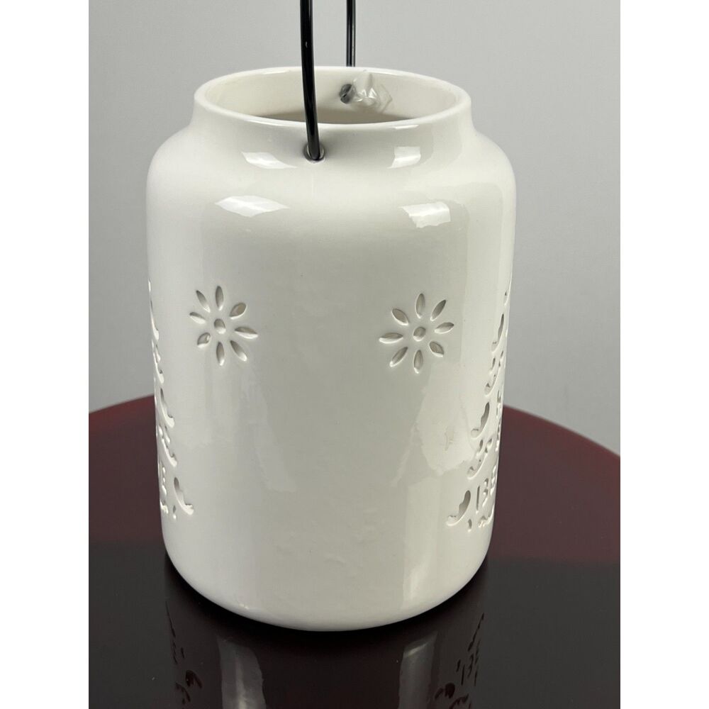 White Ceramic Christmas Lantern Cutout Tree Joy Hope Believe Luminary EUC